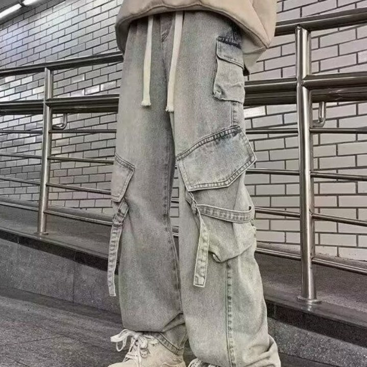 녕동 남성 카고 청바지 캐주얼 일자 와이드 허리 스트링 빅포켓 데님 팬츠