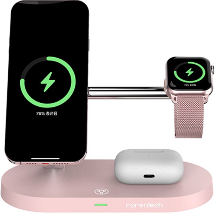 애플워치충전기 로랜텍 아이폰 애플워치 에어팟 맥세이프 고속 무선충전기, 핑크, 1개