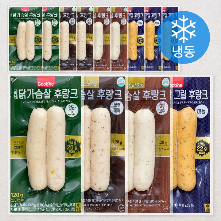 굽네 닭가슴살 후랑크 120g 마늘 3개입 + 청양고추 2개입 + 블랙페퍼 2개입 + 할라피노 2개입 세트 1080g (냉동)