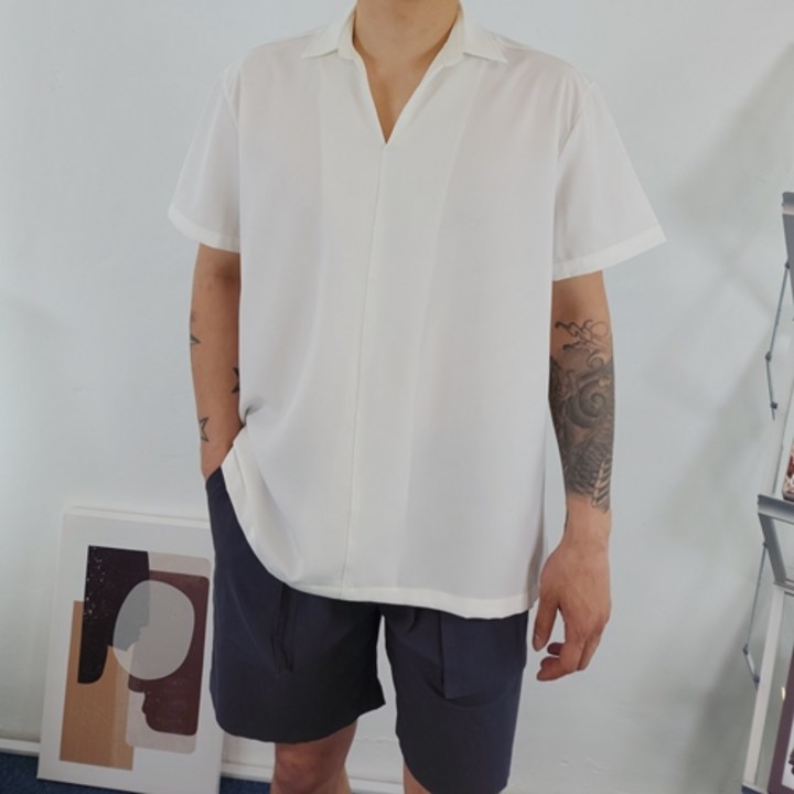 남자반팔셔츠오버핏 딥스토어 남자 솔리드 오버핏 링클프리 오픈 브이넥 카라 반팔 셔츠