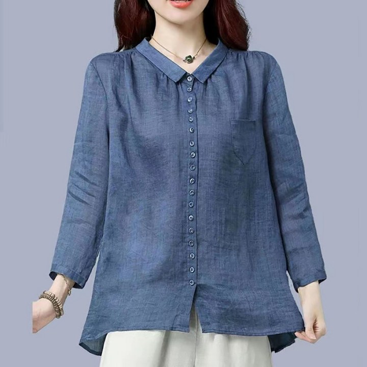 ROYALBELLE 여성 면마 루즈핏 긴팔 카라넥 빅사이즈 내추럴 데일리 셔츠 K091305