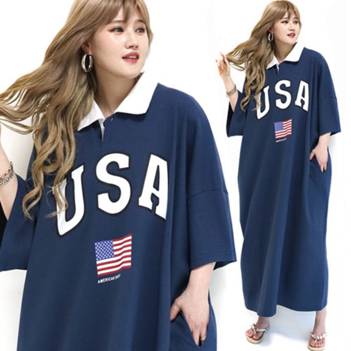 현이네 ] USA 카라 반팔롱 원피스 55~120 까지착용 / 5 컬러 / 6XL
