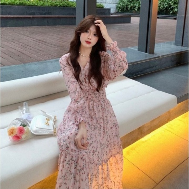 여성 쉬폰 플라워  롱원피스 브이넥 허리 라인 슬림 봄 가을 겨울 원피스 셔링 데이트룩 빅사이즈 원피스~2xl