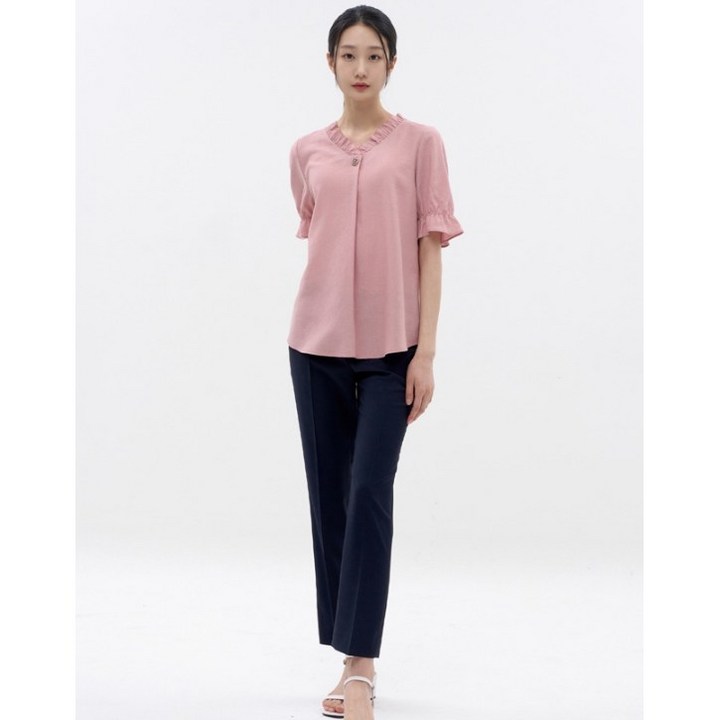 지센기간할인  여성 여성 린넨라이크 프릴넥 블라우스  LFWSN407