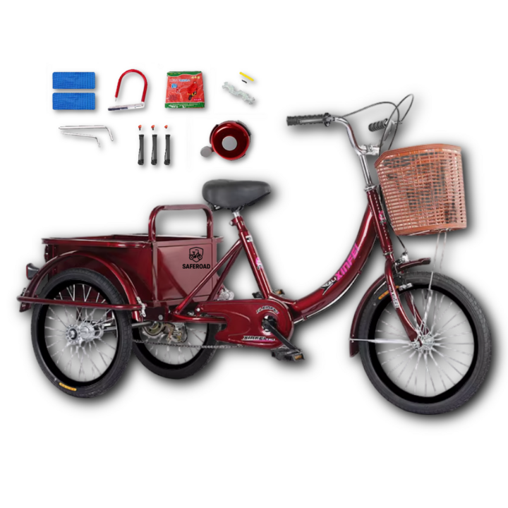 세이프로드 안전하고 튼튼한 성인 세발 자전거 어르신 여성 노인 삼륜 짐수레 3륜 수레 짐받이, 1개, 160cm, SR버건디