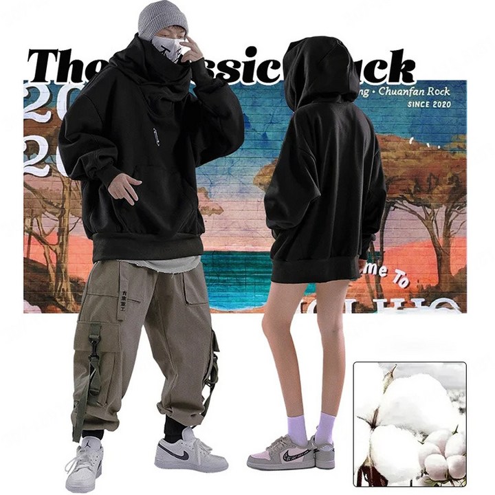 111 하이넥 후드 커플 힙합 루즈핏 기모 코트
