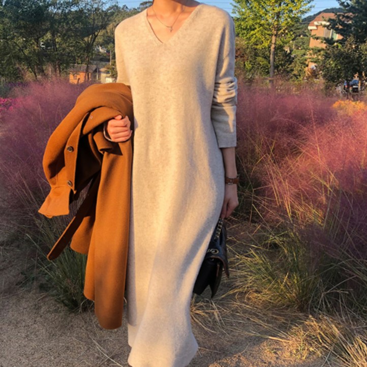 페이퍼먼츠 브이넥 모던 심플 데일리 롱 니트 원피스 01370