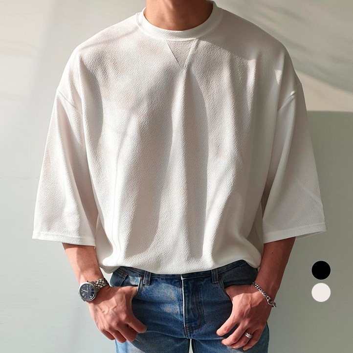제이에이치스타일 남성용 루즈핏 엠보 트임 7부 티셔츠 JHROK136