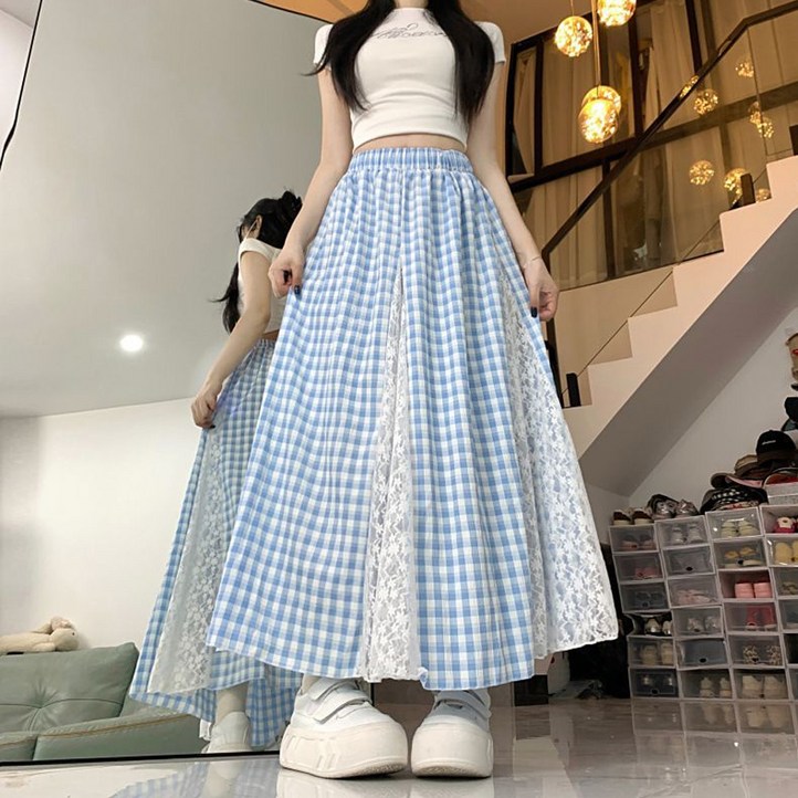 더시럽 여성용 독특한 레이스 슬릿 체크 롱 스커트