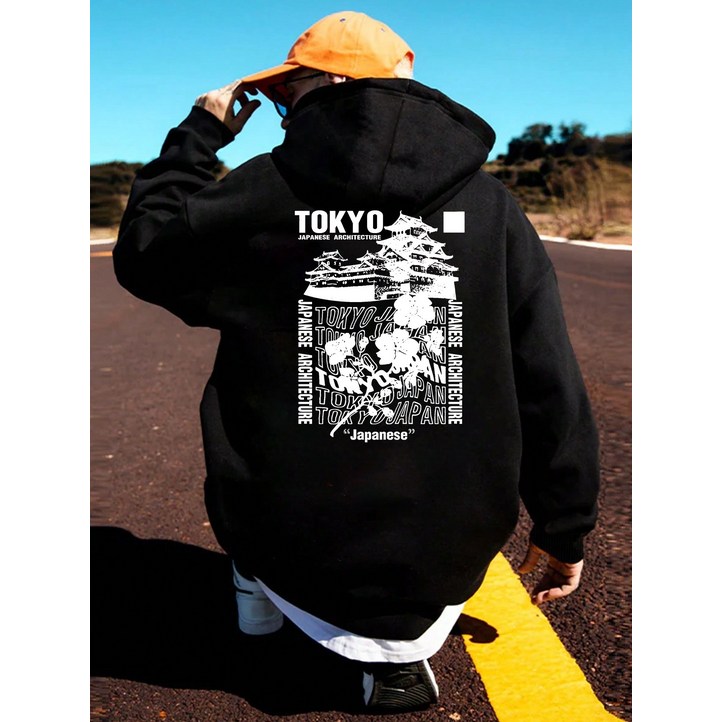 남성용 일본 도쿄 건축 후드티  블랙 풀오버 스웨트셔츠, 스트리트웨어  일본 문화 팬을 위한 루즈핏 후디, 프론트 포켓