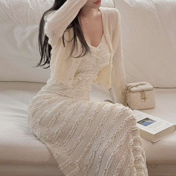 떳다그녀 뜨엘 링클 볼레로 카디건 슬리브리스 셋업 진주 가디건 레이스 캉캉 롱원피스 세트