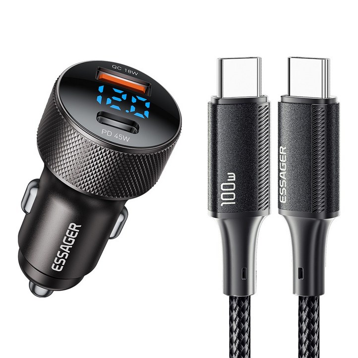 Essager 45W 2포트 USB A타입 TO C타입 PD3.0 QC3.0 차량용 초고속 충전기 CC타입 포함, 그레이, 1세트