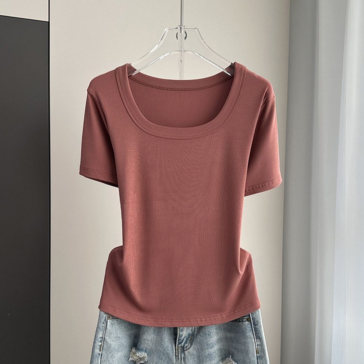 ROYALBELLE 여성 골지 스퀘어넥 반팔 스판 기본 슬림핏 이너 티셔츠 K043021