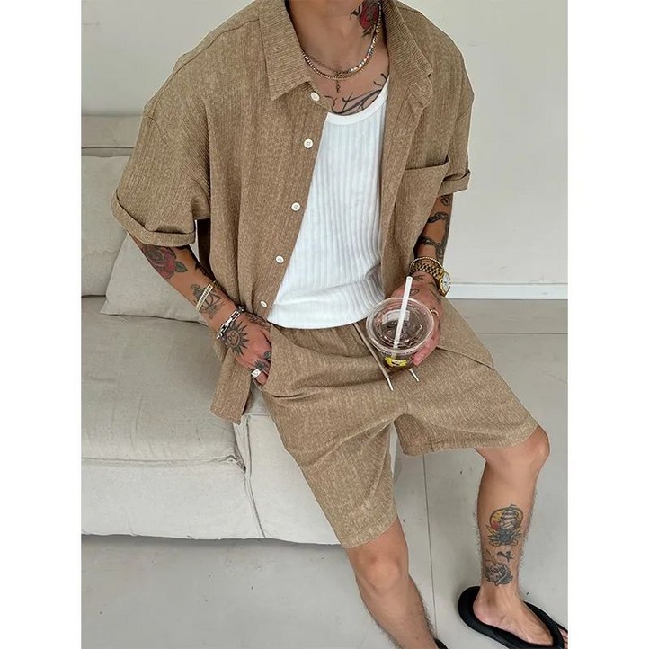 남성 여름 린넨 셔츠 반바지 세트 캐주얼 루즈핏 시원한 데일리룩 홈웨어