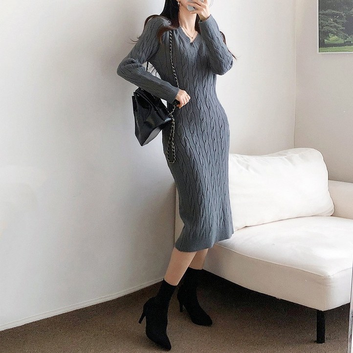 요시아나 당일발송 이벨린 꽈배기 패턴 브이넥 슬림핏 니트 원피스 2컬러