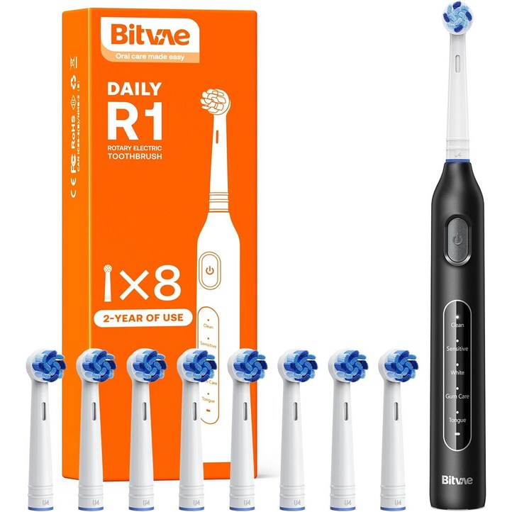 비트베이 R1 음파 전동칫솔 진동칫솔 칫솔모8개 Bitvae Amazon베스트, 1개, 블랙, R1