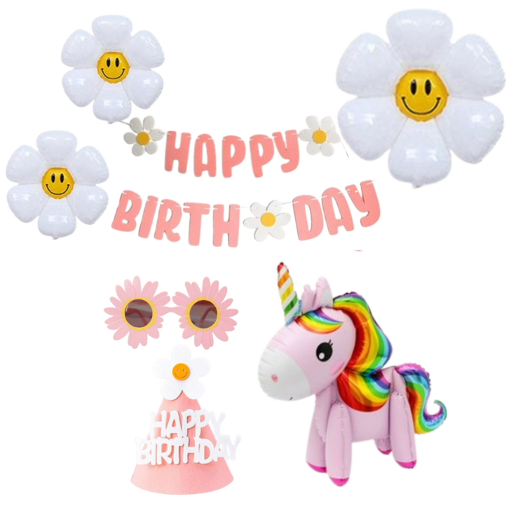 연지마켓 생일파티 용품 세트 데이지 풍선 생일 가랜드 안경 고깔, 1세트, 06핑크 유니콘