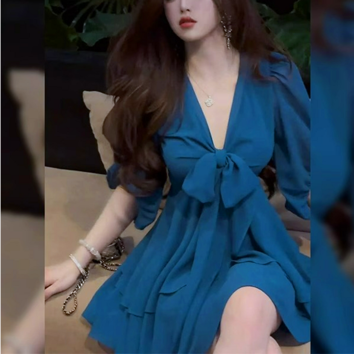 여성 여름 시폰 원피스 브이넥 리본 슬리브 디테일 미니 드레스 러블리 스타일 YLP