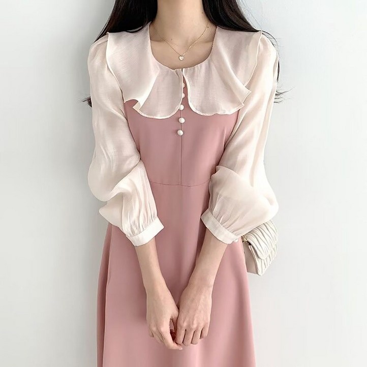 지고다그 여성용 배색 프릴카라 A라인 롱원피스 허리핏 셔링 쉬폰 퍼프소매 우아한 봄가을 원피스 ZH0493