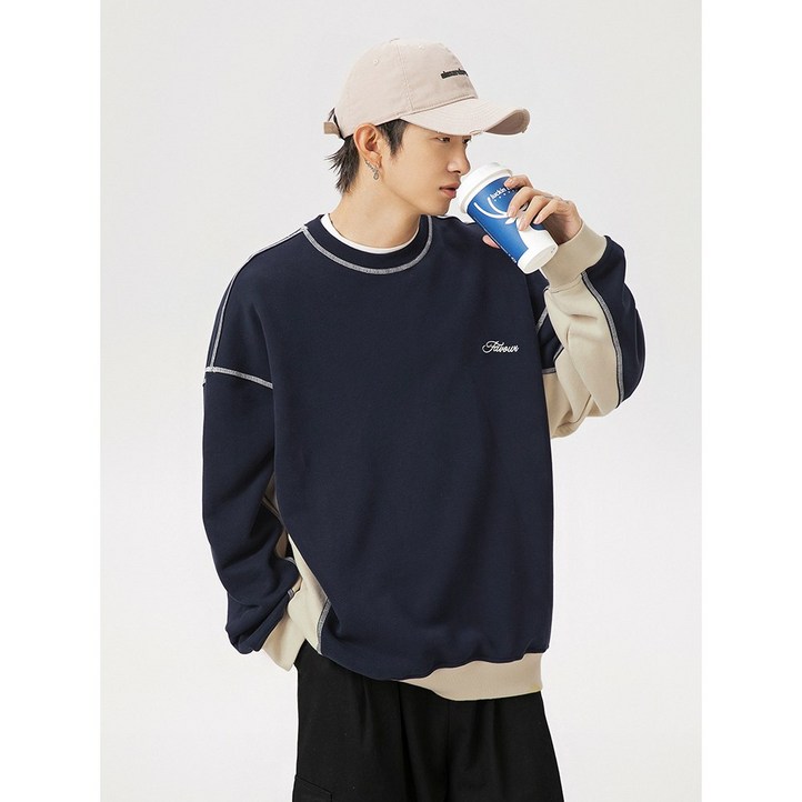 POMTOR 봄 가을 오버핏맨투맨 남녀공용 맨투맨 컬러 블록 디자인