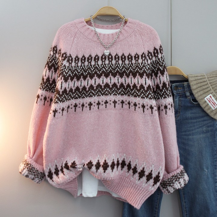 달콩 여성 빅사이즈 겨울니트 라운드넥 눈꽃노르딕루즈핏니트