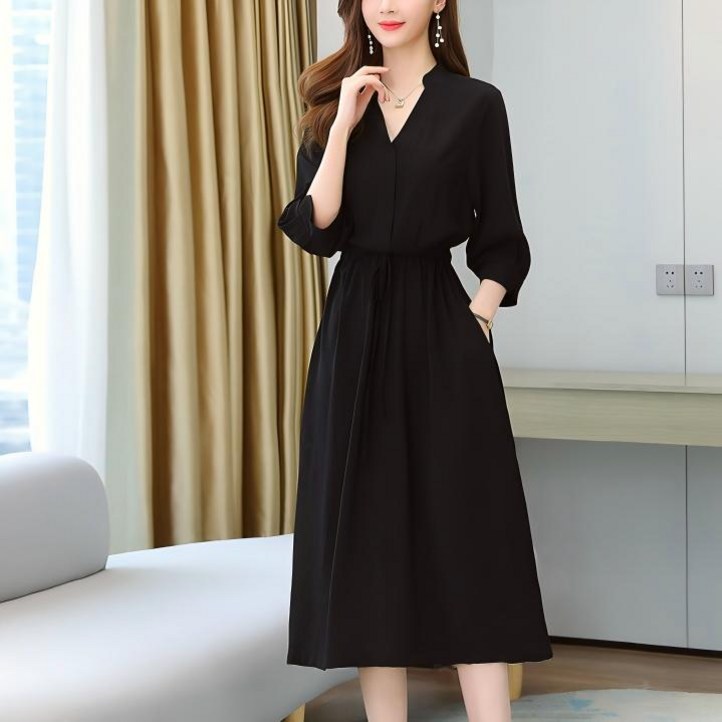 루나모드 7부 편안한 브이넥 허리 쪼임 원피스 K0080