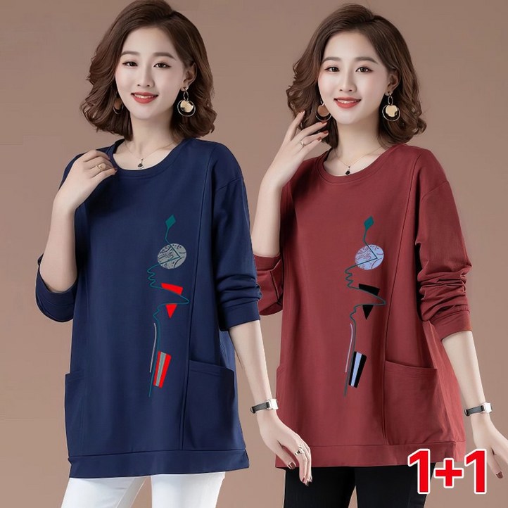 스타일아유 112종세트여성 봄 가을 중년 엄마 캐주얼 오버핏 긴팔 프린팅 티셔츠 TS2352
