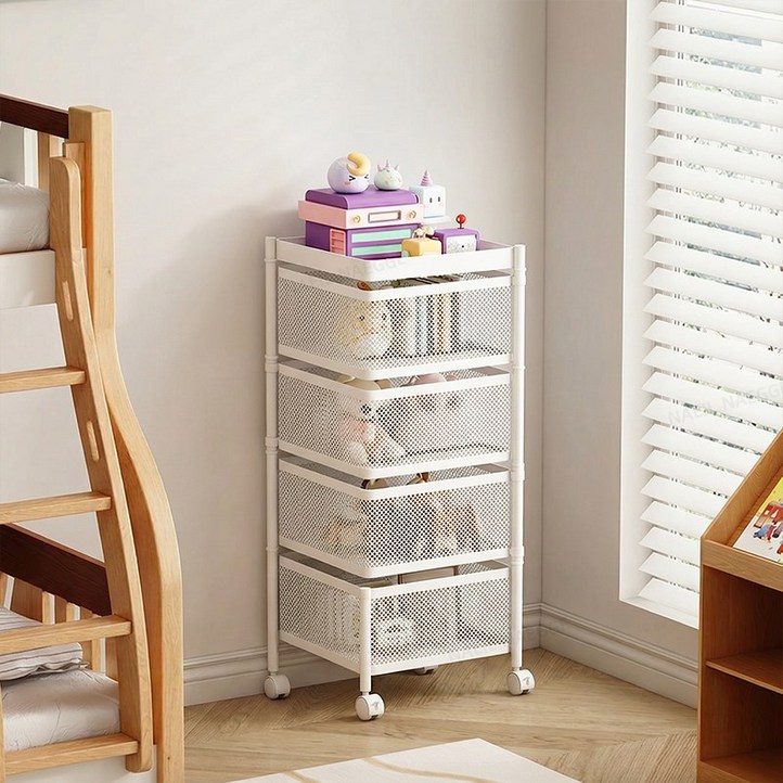 NAEILNAEGGE 이동식 트롤리 수납함 회전 철제 수납장, 4단, 화이트,