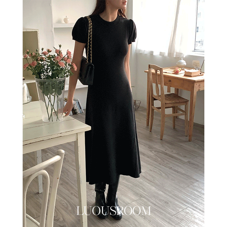 루어스룸 피노사 라운드넥 소매 반팔 퍼프 셔링 니트 원피스 숏롱2ver