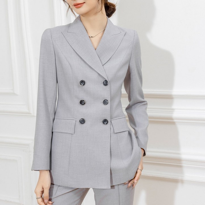 소프트 그레이 클래식 더블 수트 세트 루즈핏 피크드카라 커리어 여성정장