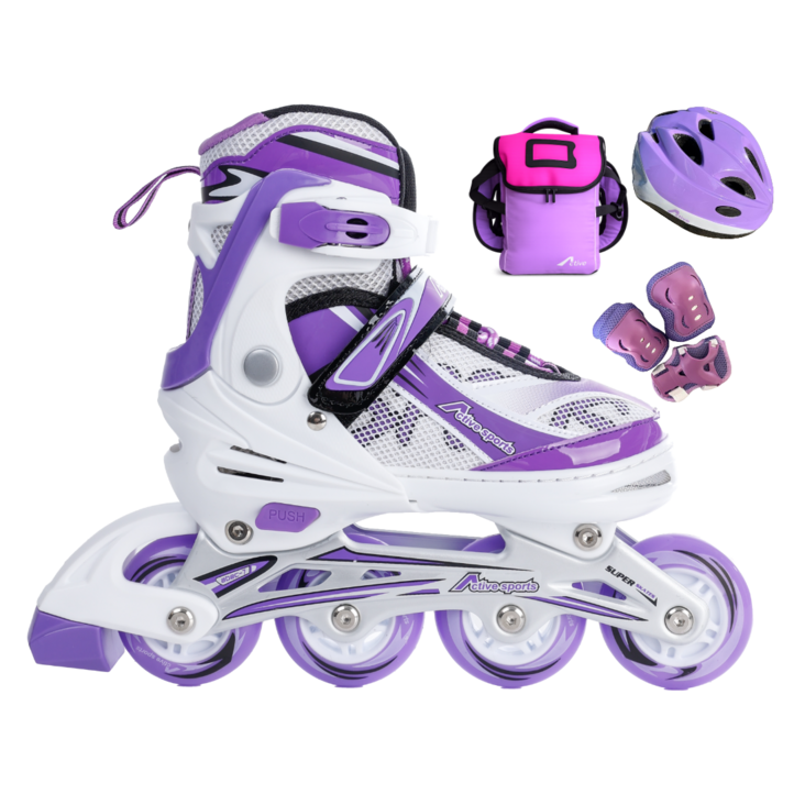 인라인세트 사이즈 조절형 아동용 발광바퀴 인라인 스케이트헬멧보호대가방, 스마트 퍼플, 1개