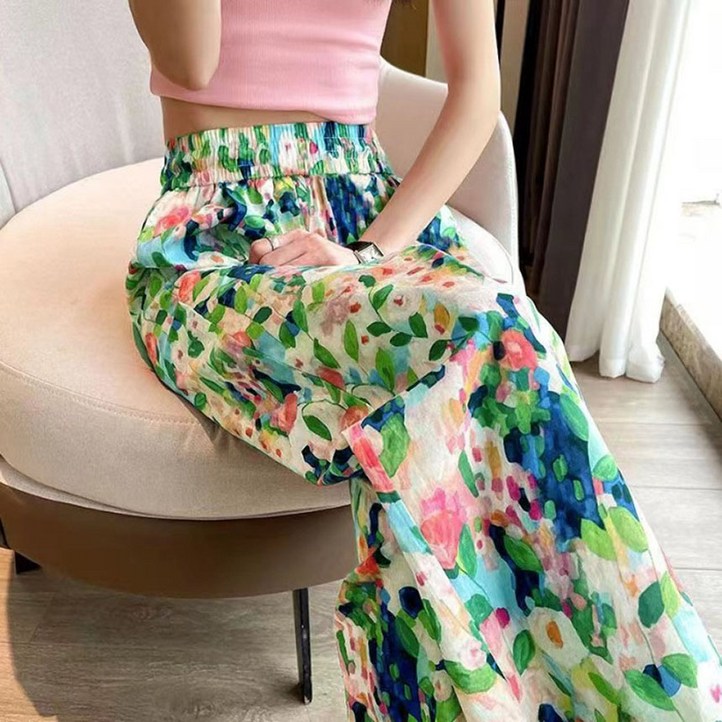 여성 여름 데일리 캐주얼 루즈핏 오버 통바지 편한 허리 밴딩 고무줄 플라워 꽃 프린팅 나염 페인팅 긴바지 9부 와이드 팬츠 꽃나염페인팅와이드팬츠