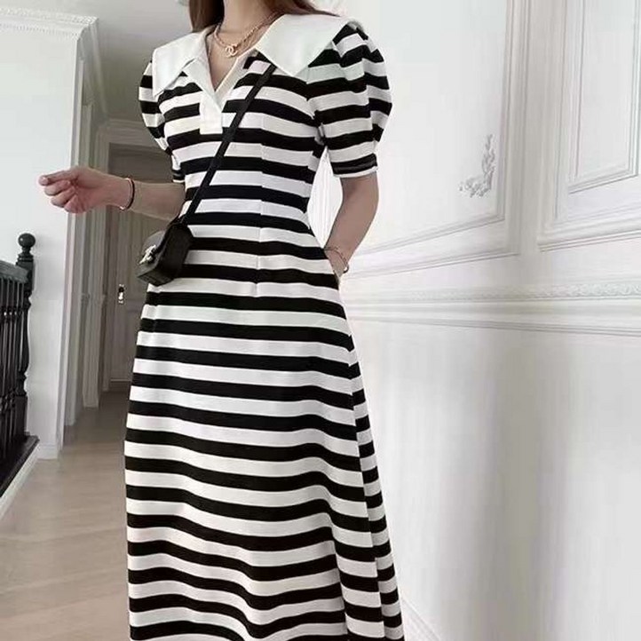 당일출고 세라 카라 퍼프소매 스트라이프 카라 반팔 원피스