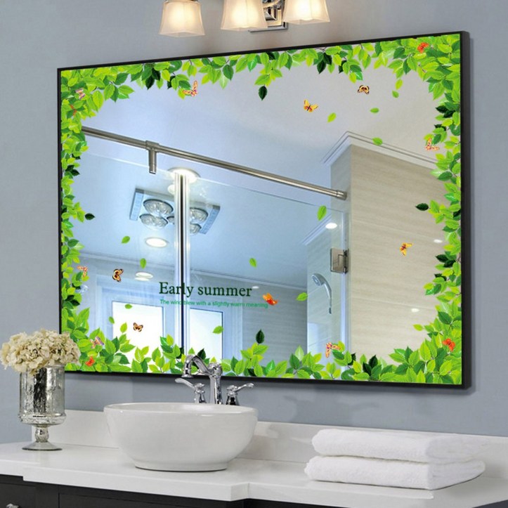 인테리어 거울 벽걸이 원형 스티커 장식 작은 패턴 레이스 모서리 부착 테두리 유리 미러 벽거울 화장실 욕실