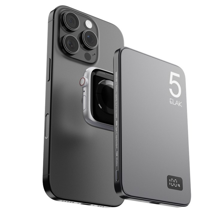 엘락 3 in 1 에어팟 애플워치 충전 초슬림 초경량 무선 맥세이프 고속 충전 보조배터리 5000mAh, DS-21, 티타늄 블랙