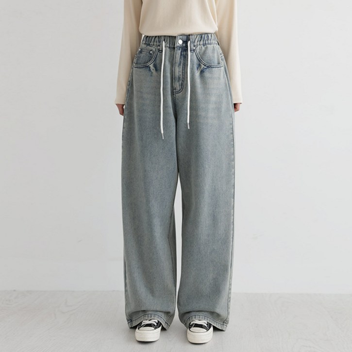 빼빼 여성용 스트링 밴딩 롱 와이드 데님 팬츠
