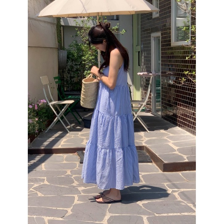 포레스트 여름 스트라이프 단가라 시어서커 지지미 스퀘어넥 휴양지 캉캉 플레어 뷔스티에 코튼 여름 드레스 롱 원피스블루