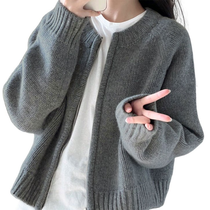 라운드넥 지퍼 니트코트 아우터 캐주얼 무지 루즈핏 니트 가디건 H45128