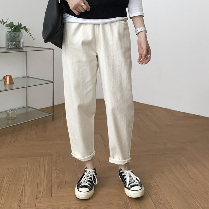 럭키제이 여성용 면 끈 배기 밴딩 바지