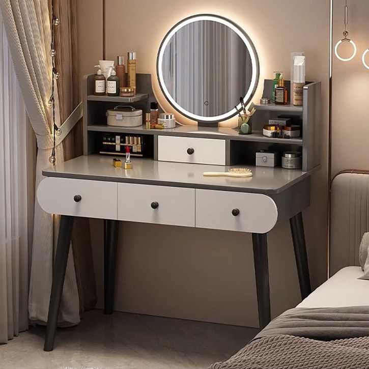 침실 6008001000 입식 서랍 수납 LED 거울 화장대, 그레이LED 거울의자 없음