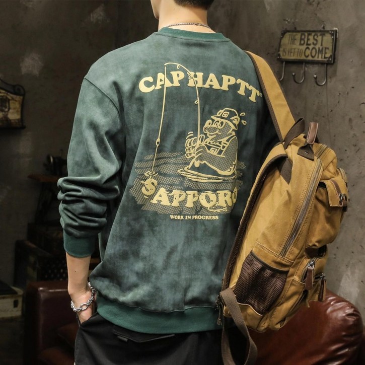 해피유통   남성용 맨투맨 라운드 봄가을 빈티지 나염워싱 루즈핏 빅사이즈 긴팔탑    mgy