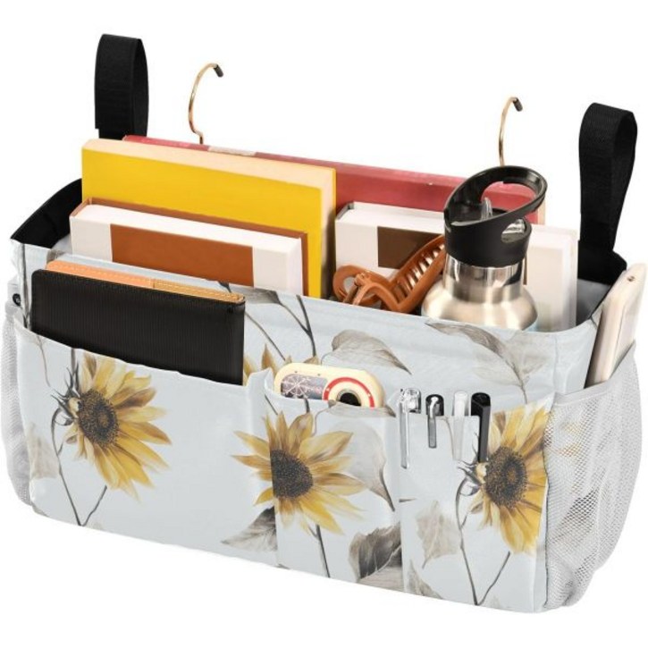 TV 리모컨 휴대폰 잡지 태블릿 액세서리를 위한 고정 스트랩과 물병 홀더가 있는 FRODOTGV 러스틱 릴리 옐로우 침대 옆 캐디 걸이 정리함