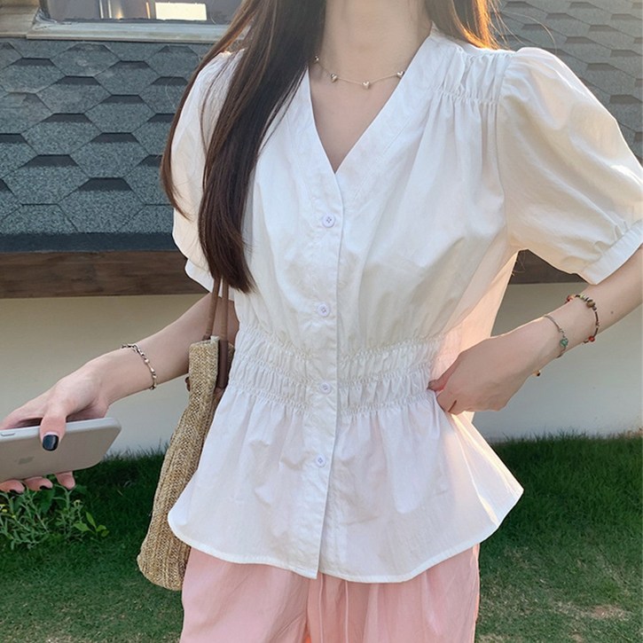 메이킹유 빅사이즈2XL 허리 밴딩 셔링 브이넥 셔츠 WC160029라니블라우스