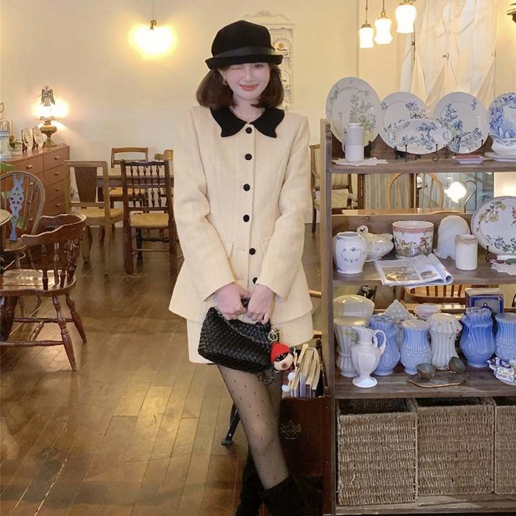 여성 봄 소향풍 스커트 세트 긴팔 자켓 + 미니 스커트 세트 프렌치 여자 트위드 투피스 세트 YXF