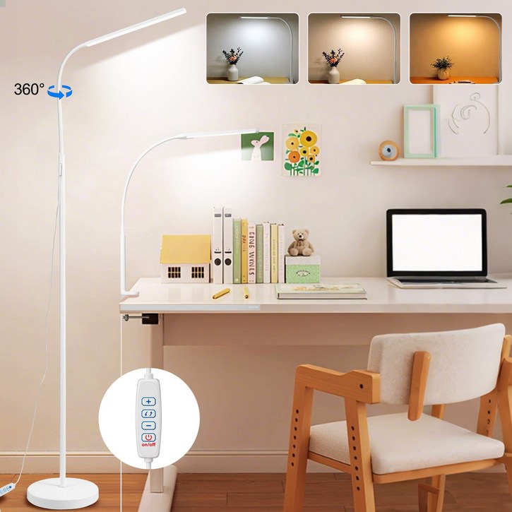 Flyaiku LED 거실 스탠드조명 스탠드클램프식 겸용 높이조절 독서등 3색모드 밝기조절 눈보호 12W, 흰색