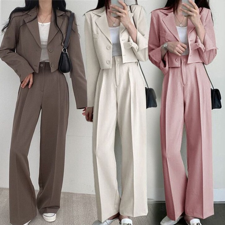 봄 여름 여성 크롭 숏재킷 정장자켓 + 하이웨이스트 와이드 정장 바지 오피스룩 정장세트 쇼트 코트 긴바지