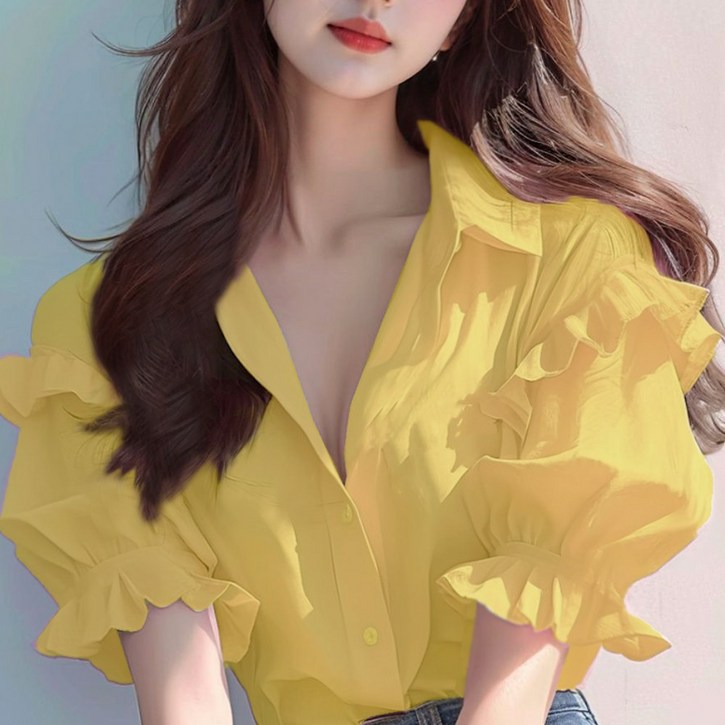루비루 RB3090 카라넥 소매 벌룬 프릴 반팔 블라우스 루비루 RB3090 카라넥 소매 벌룬 프릴 반팔 블라우스