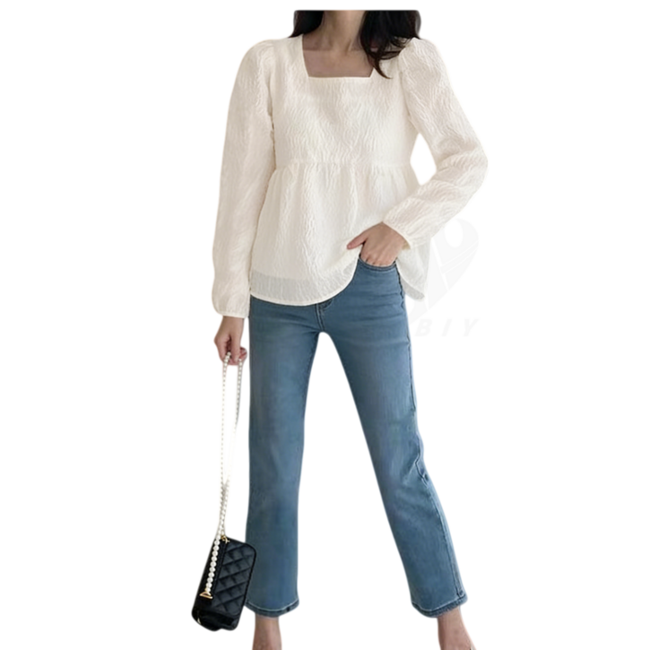 비아이와이 여성 가을 스퀘어넥 루즈핏 벌룬소매 긴팔 블라우스 DH1194