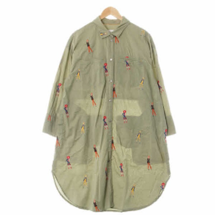 1079 o2nd 라이트카키 일러스트자수패턴 면 루즈핏맥시셔츠원피스 1