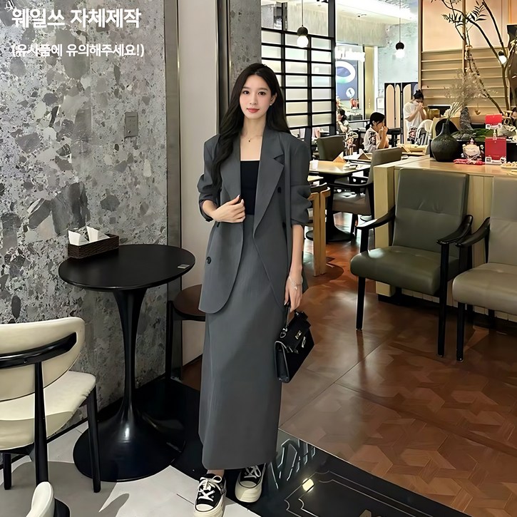 [웨일쓰] 여성  봄 여름  오버핏 정장 자켓 치마세트 트위드 투피스 루즈핏 하객룩 출근룩  직장인장장 롱스커트 면접 캐주얼 트렌치 셋업 수트 투피스